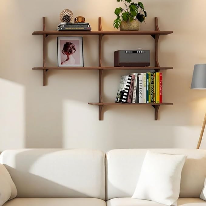 Mid-Century Modern L-Shaped Floating Wall Shelf, 3-Tier Wood Bookcase, Stylish Grid Display Shelf for Home, Office, Cafe, and Indoor Decor