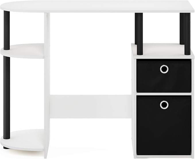 Furinno Jaya Desk, 38.4" Wide Gaming Desk with Bin Drawers, Computer Desk with Side Shelf, Office Desk for Study, Home Office, Bedroom, Dorm, Study Room, White