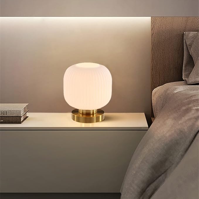 mid Century Modern Table lamp Gold Desk lamp White Ribbed Glass Shade Globe Table lamp nightstand lamp Small Table lamp for Bedside end Table Bedroom Living Room Office