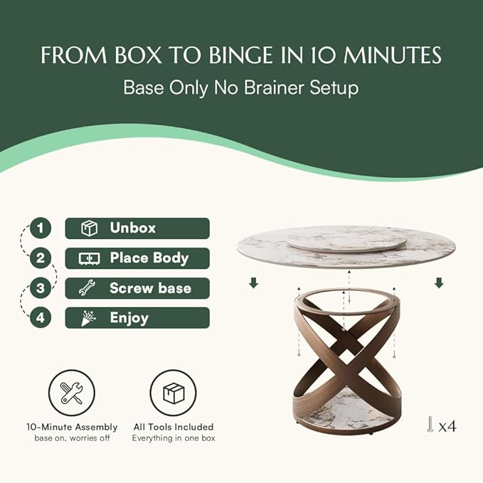 POVISON 51" Modern Round Dining Table with Lazy Susan, White Round Kitchen Table for 4, Sintered Stone Dining Room Table top with Bronze X Carbon Steel Base (Dining Table Only)
