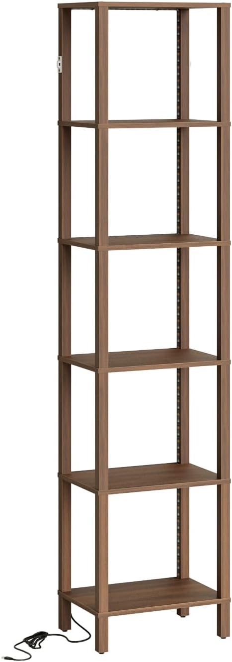 Open Book Shelf with LED Lights, 6 Tier Tall Bookshelf, Freestanding Shelf Narrow Bookcase with Open Shelves, 14.57" x 10.63" x 65.83", Book Shelves for Living Room, Office, Study, Walnut