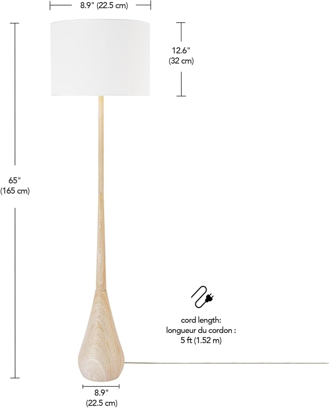 Globe Electric 65" Floor Lamp, Wood-Toned Finish, White Cotton Shade, Japandi Style, E26 Base, On/Off Rotary Switch, 5-Ft Cord, 52112