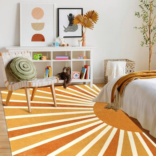 Lahome Rainbow Sun Area Rug: 8'x10' Ultra-Thin & Lightweight Machine Washable Non-Slip Rug with Boho Print for Living Room, Bedroom, Dining Room, Office, Nursery & Guest Room