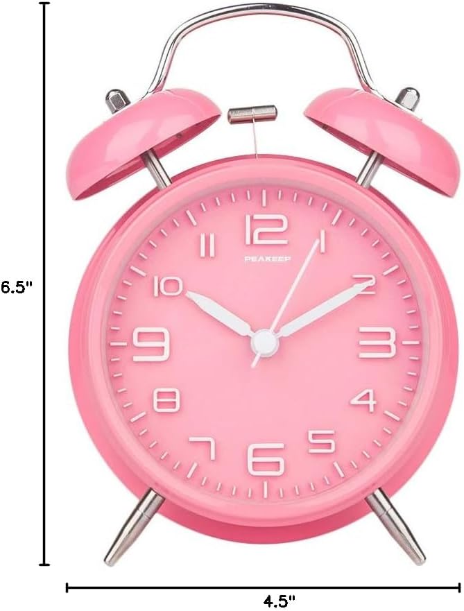 Peakeep 4 Inches Twin Bell Loud Alarm Clock for Heavy Sleepers Kids, Battery Operated Old Fashioned Alarm Clock (3D-Dial, Pink)