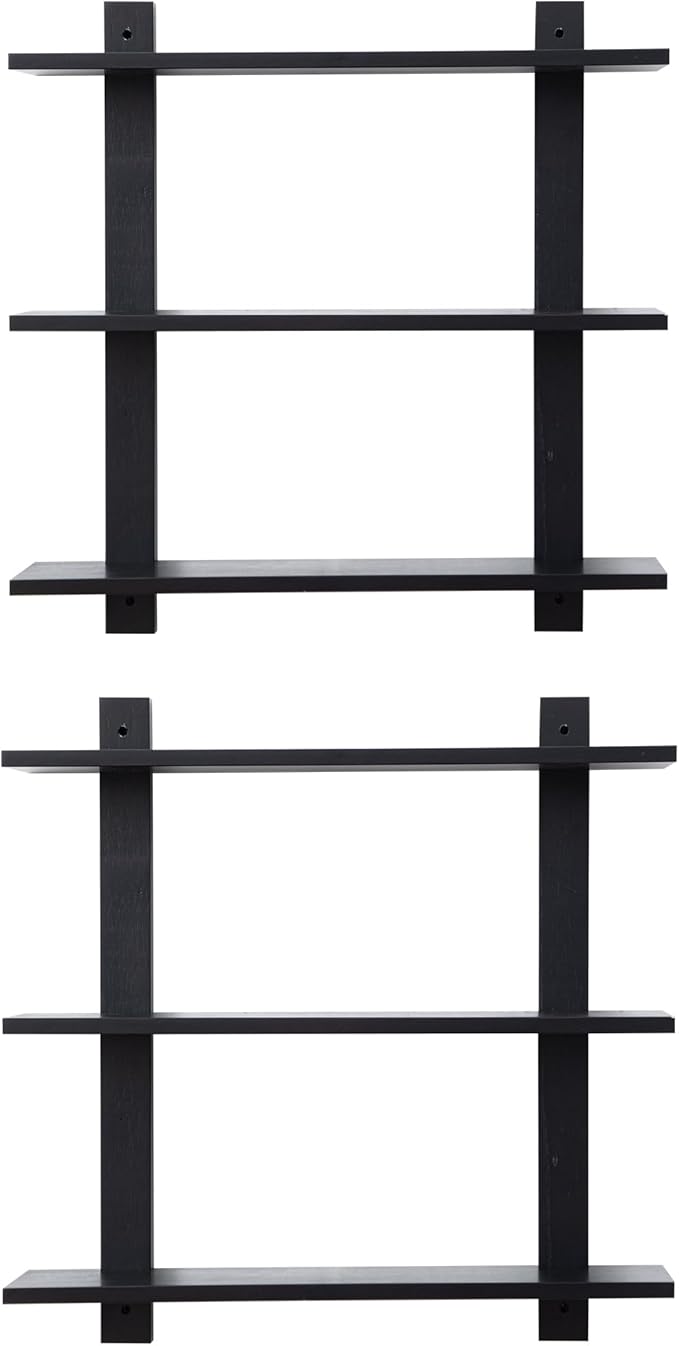3 Tier Floating Shelves,Long Wall Shelf,Over The Toilet Shelves Bathroom Hanging Display Storage Rustic for Living Room Bedroom Kitchen Office Coffee Bar Decor Decorative,24 Inch,2 Pack,(Black)