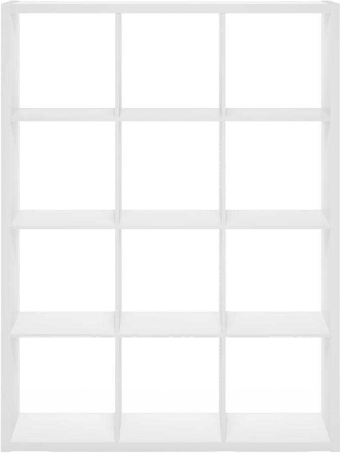 Furinno Cubicle Book Shelf, 12-Cube Bookshelf, Extra Thick Frame Reversible Bookcase with Open Back, 14.6" x 44" x 58", for Living Room, Bedroom, Home Office, White