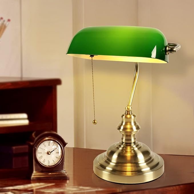 Bankers Lamp Green, Vintage Library Lamp with Pull Chain, Traditional Green Glass Desk Lamp for Home Office, Study Room, Library, LED Bulb Included