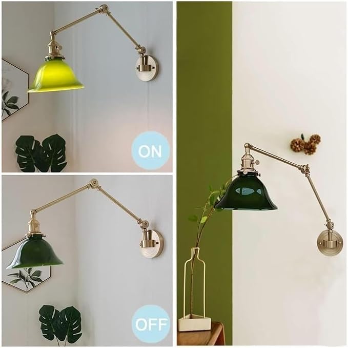 Adjustable Swing Arm Wall Lamp with Green Glass Shade, Brass Finish, Industrial Retro Style, Rotatable Wall Sconce for Bedroom Bedside Reading