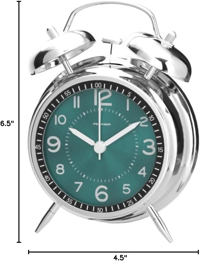 Peakeep Loud Alarm Clock for Heavy Sleepers Adults, Metal 4.5" Twin Bell Battery Operated Alarm Clocks for Bedrooms Decoration (Peacock Green)