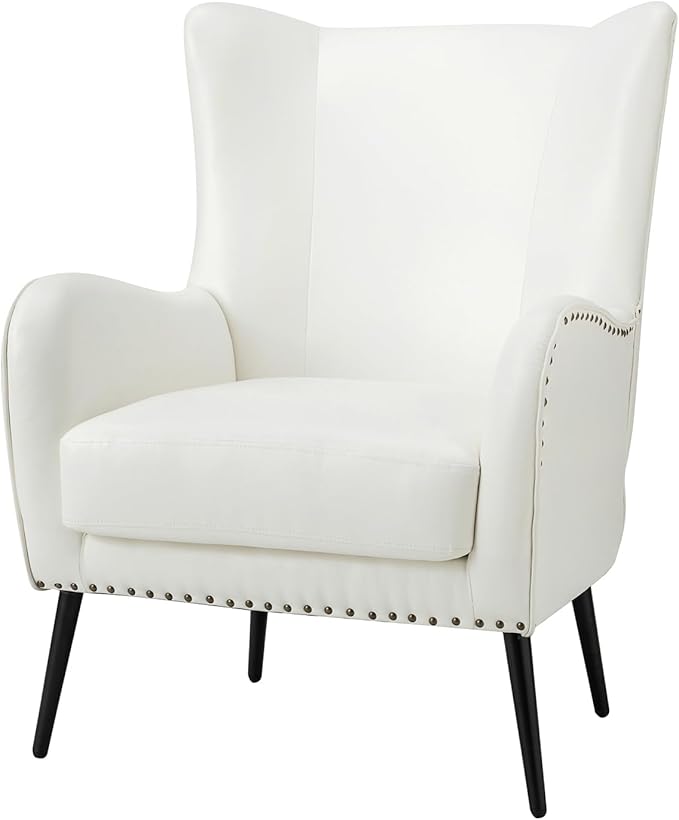 HULALA HOME Faux Leather Accent Chair with Removable Cushion, Comfy Upholstered Armchair with Black Metal Legs & Nailhead Trim Wingback Vanity Chair for Reading Living Room Bedroom, Ivory