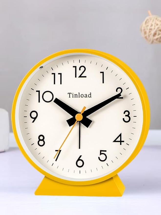 Tinload 4.5" Battery Operated Antique Retro Analog Alarm Clock, Small Silent Bedside Desk Clock,Lighted on Demand, Battery Operated, Snooze, for Living Room, Bedroom, Bedside, Desk(Yellow)