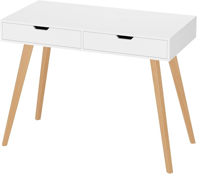 FOTOSOK White Computer Writing Desk with 2 Drawers, Small Desk Makeup Vanity Table Wood Desk with 4 Oak Legs, Modern Home Office Desk Console Study Table