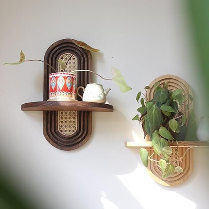 Arch Rattan Floating Shelf, Mid-Century Wood Wall Mounted, Bohemian Hanging Shelf, Modern Rattan Wall Shelf, Arch Wall Decor for Bedroom Living Room Display(Nature)