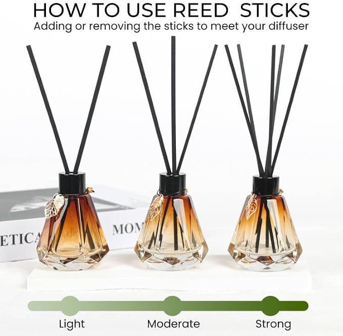 Reed Diffuser Set - 4 Empty Bottles with 20 Sticks, Delicate Gold Leaf Decor, Glass Fragrance Diffuser with Lids for Home, Bathroom | Refillable, Diamond Style (4 PCS Black)