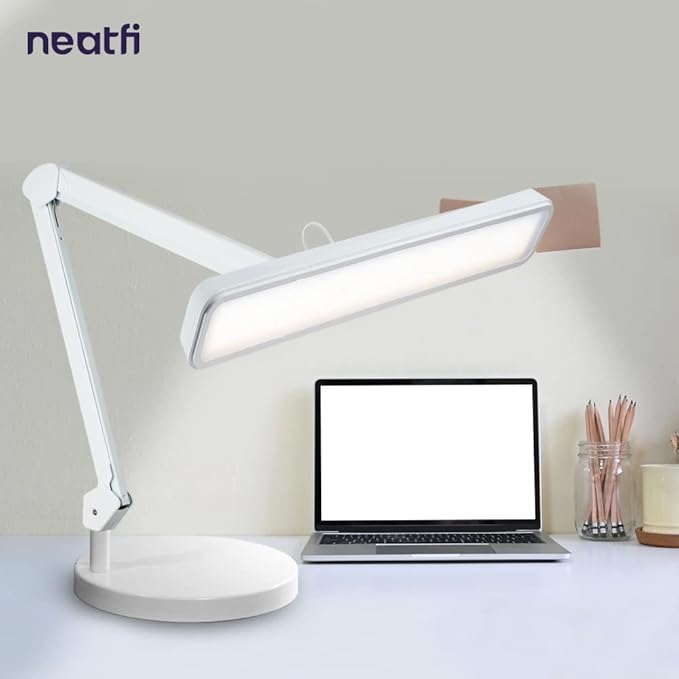 Neatfi Task Lamp – 2,500 Lumens, 30W, 22-Inch Wide Shade, 4 Brightness Levels, Eye-Caring Light, LED Task Light for Manicure Table, Crafts, Workbench, Office (Non-CCT with Base, White)