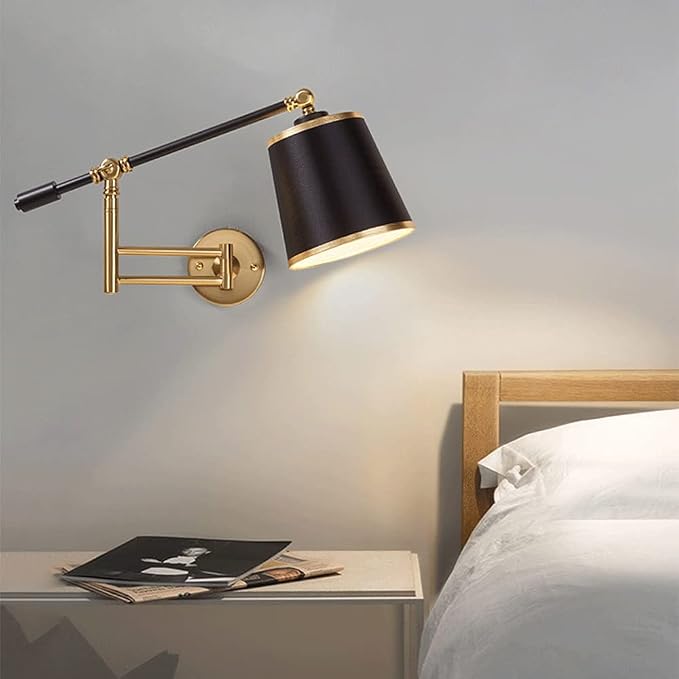 Adjustable Swing Arm Wall Lamp for Bedroom, Retractable Reading Light, E27 Bulb Holder, Retro Industrial Style Wall Sconce