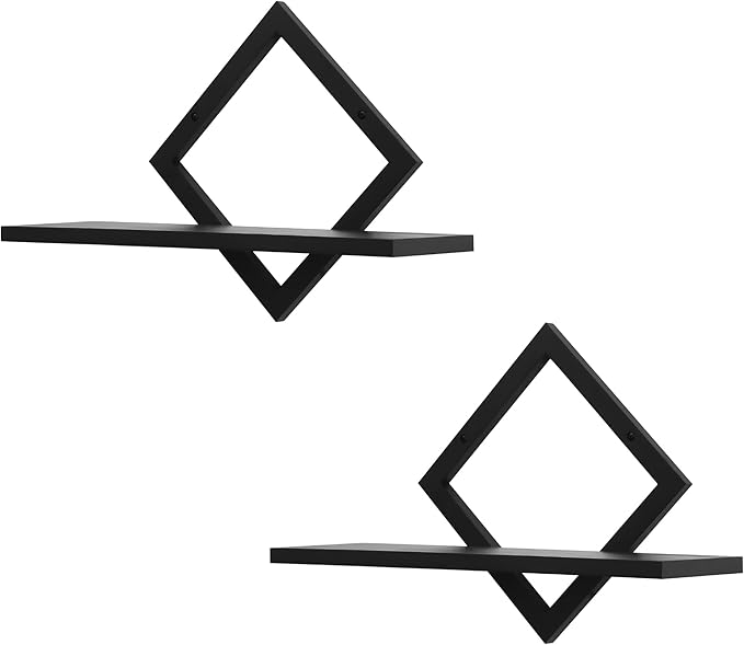 Floating Shelves for Wall,Decorative Wall Shelf,Hanging Shelf for Plants Storage Display Holder,Indoor Decor for Living Room Home Office Bathroom Bedroom,Solid Wood,Diamond Shaped,2 Pack(Black)