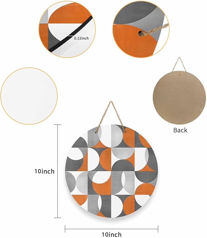 Welcome Sign for Front Door Mid Century Geometric Wood Door Hanger for Outdoor Outside Porch,10 Inch Round Wooden Wreath Indoor Wall Hanging Decoration, Abstract Modern Orange