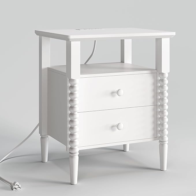 White Nightstand, Vintage Night Stand with Charging Station, Bedside Table with Drawers, End Table with Solid Wood Legs, Bed Side Tables for Bedroom, White