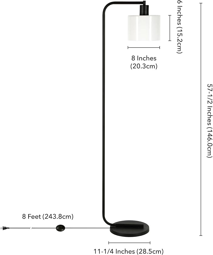 Henn&Hart 57'' Industrial 1-Light Floor Lamp with White Glass Drum Shade for Living Room, Bedroom, or Office, Black