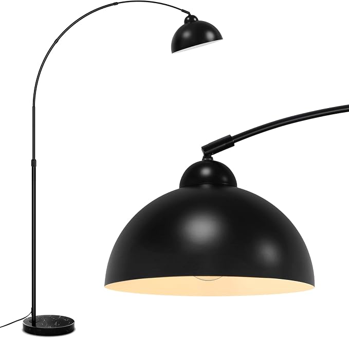 Modern Arc Floor Lamp with Metal Hanging Dome Shade, Industrial Adjustable Over the Couch Stand Up Light, Marble Base Farmhouse Tall Task/Reading Standing Lamp for Living Room Bedroom Office, Black