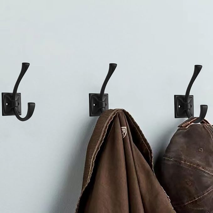 2 Pack Decorative Heavy Duty Towel Hooks for Hanging Robe Double Matte Black Coat Hooks Wall Mounted with Screws for Key, Towel, Bags, Cup, Hat