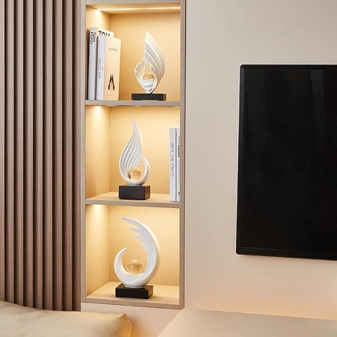 Modern Abstract Art Sculptures, Gold Entryway Table Accents, Black Shelf Decor Accents, Abstract Art Resin Sculpture for Dining Room, Office & Coffee Table – Centerpiece Fireplace Decor (White)