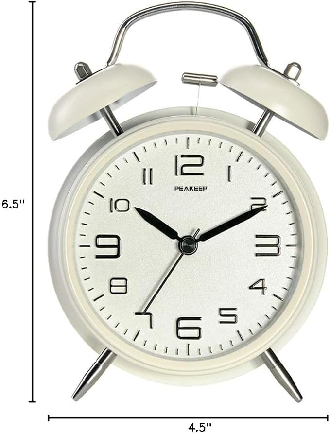 Peakeep 4 Inches Twin Bell Loud Alarm Clock for Heavy Sleepers, Backlight, Battery Operated Old Fashioned Alarm Clock for Bedrooms (3D-Dial, White)