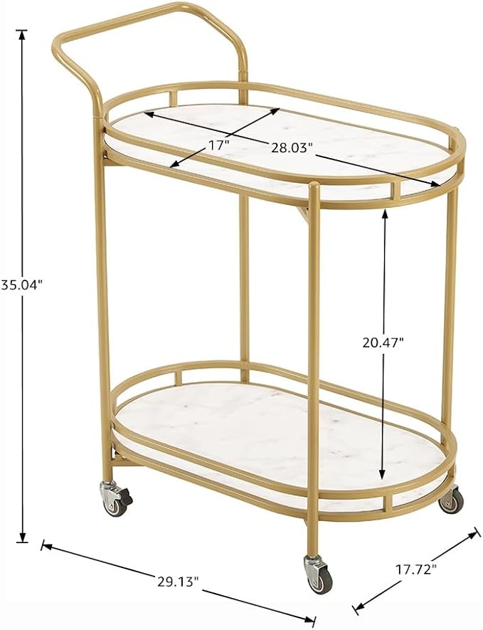 unipaws Bar Cart with Wheels, Easy Assembly Rolling Serving Bar Trolley with 2-Tier Shelves and Rotating Wheels for Home Kitchen Dining and Living Room (Gold & White)