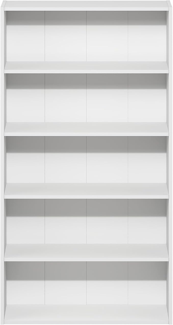 Furinno Basic Book Shelf, 5-Tier Bookshelf, Storage Organizer Bookcase with Open Shelf, 7 x 24 x 44, for Living Room, Bedroom, Home Office, White