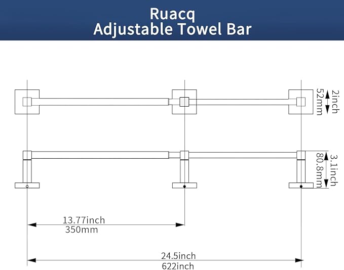 RUACQ Adjustable Towel Bar 13.8 to 24 inch,Square Base Single Towel Racks for Bathroom,Stainless Steel Towel Holder wall Mounted,Sturdy and Rustproof(Brushed Nickel)