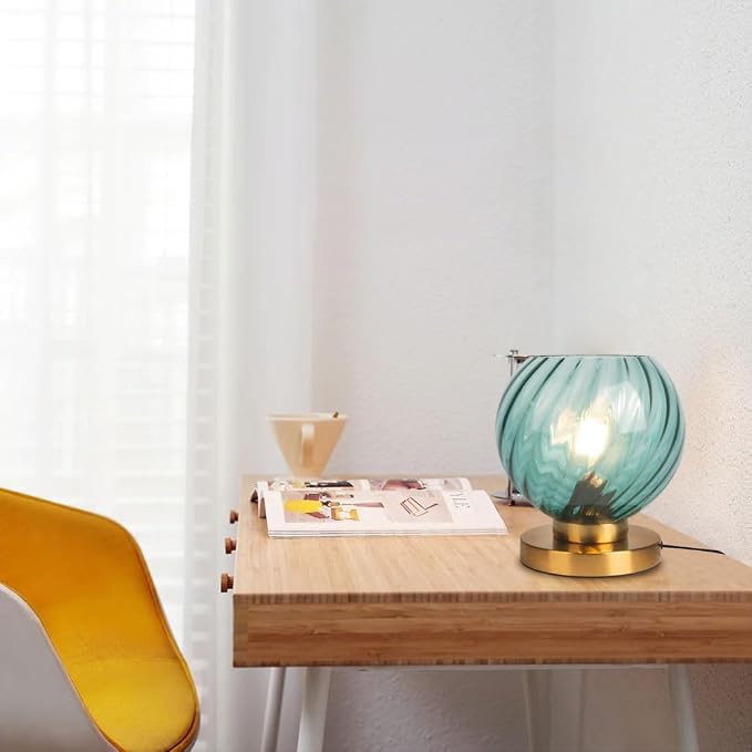 Mid Century Table Lamp, Globe Desk Lamp with Blue Handblown Glass Shade, Gold Metal Nightstand Night Light for Room Home Office Desk Dorm Studyroom (Blue)