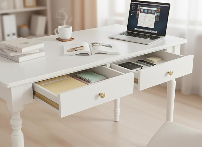 31.5 Inch Mid Century Modern Desk - Rubber Wood Desk with Drawers, Vintage Desks, Mid Century Desks for Bedroom, Living Room & Office (White)