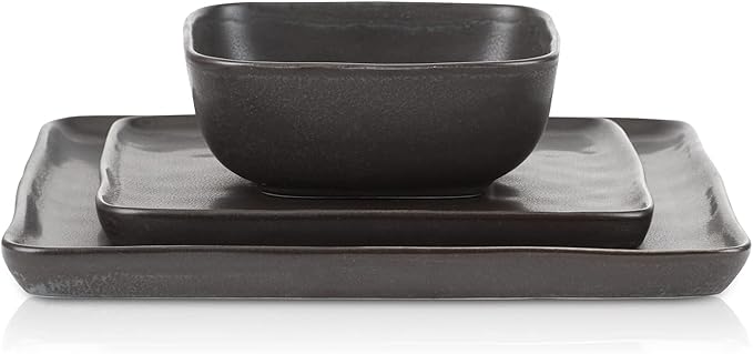 Stone Lain Jonny Stoneware 12 Piece Dinnerware Set, Home Kitchen Modern Square Dish Set with Dinner Plates, Salad Plates, & Bowls, Brown