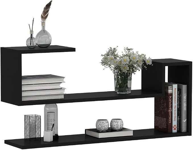 Geometric Wall Shelf: Modern MDF Floating Bookshelf (Black)