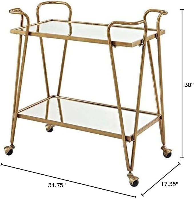 Pemberly Row Mid-Century Mirrored Bar Cart, Gold Finish, Iron and Mirror Construction, 30" W x 17.38" D x 31.75" H, Castors for Easy Mobility, Versatile Storage for Home or Entertaining Spaces