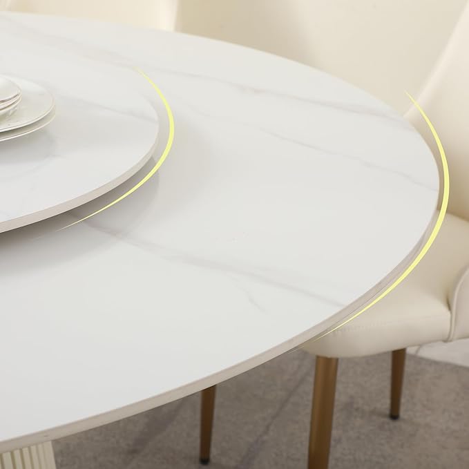 7-Piece Round Marble Dining Table Set, 59" D Round Dining Room Table with 31.5" Removable Lazy Susan Turntable, 1 Table & 6 Chairs Set for Dining Room, Kitchen
