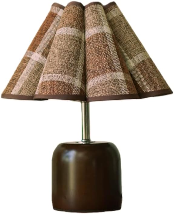 Small Plaid Pattern Table Lamp for Bedroom, Bedside Lamps for Nightstand, Desk Lamp Solid Wood Base Walnut Fabric Shade for Living Room, Kids Room, Bulb Not Included (Mid-Century Modern) (Walnut)