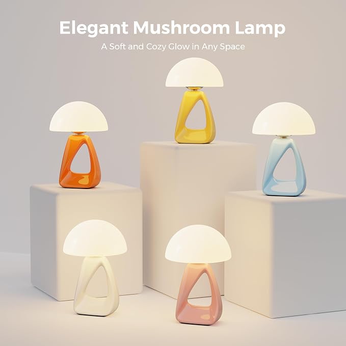 Mushroom Lamp, Small Table Lamp for Bedroom, Creative Geometric Ceramic Base Bedside Lamp, Mid Century Modern Side Table Lamp for Living Room Nightstand, Unique Aesthetic Home Decor Gift Ideas, Pink