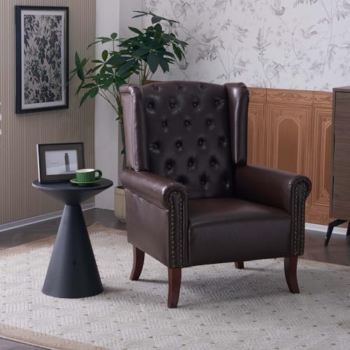MOJAY PU Leather Accent Chair, Mid-Century Living Room Sofa Chair, Upholstered Arm Chair with Sturdy Wooden Legs, Faux Leather Club Chair for Bedroom Study Home Office Reception (Caramel)