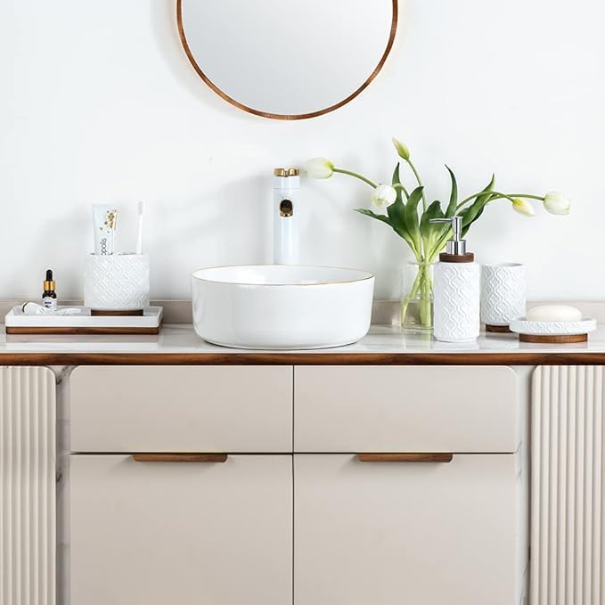 RQYIXI Bathroom Accessories Set 6 Pcs Ceramic Wooden Bathroom Set with Soap Dispenser Toothbrush Holder Tray Tumbler Soap Dish Trash Can(White)