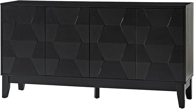HULALA HOME Mid Century Sideboard Buffet Cabinet with Solid Wood Legs, 60" Kitchen Storage Cabinet Credenza with 4 Doors and 2 Shelves, Accent Console Table (Black)