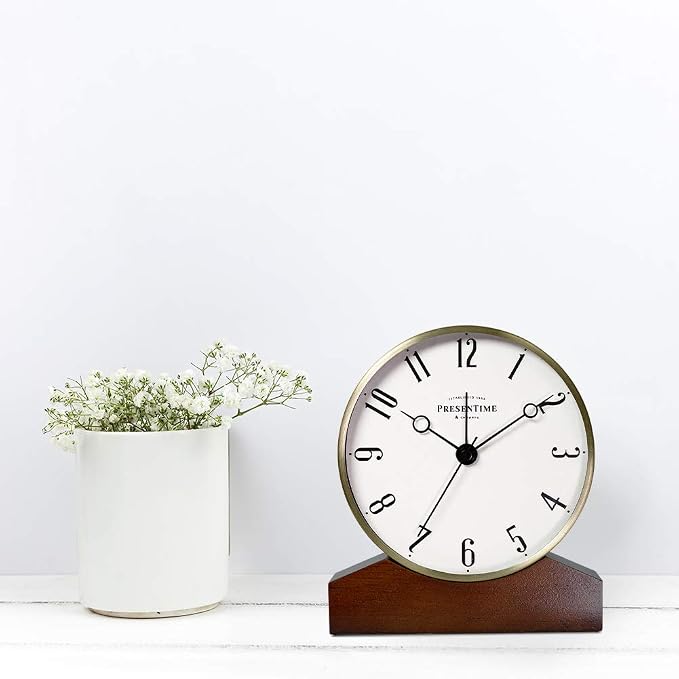 Presentime & Co Mozart Mantel Alarm Clock, Desk and Shelf Clock, Tabletop Decoration, 6 x 5.5 inch, Silent no Ticking, Wooden Base, Walnut Finish, Golden Color, Arabic Numeral
