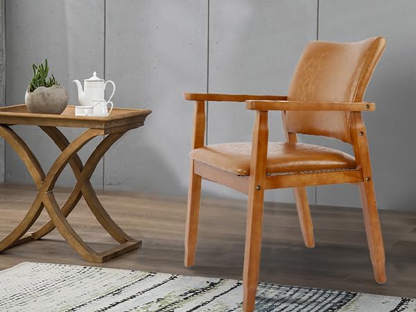 NOBPEINT Mid-Century Dining Side Chair with Faux Leather Seat in Brown, Arm Chair in Walnut