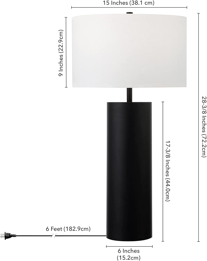 Henn&Hart 29.5" Mid-Century Modern 1-Light Table Lamp with White Fabric Drum Shade for Living Room, Bedroom, or Office, Black