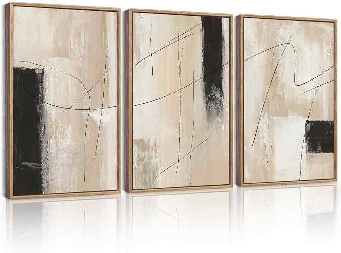KUVIOKE Abstract Framed Wall Art Minimalist Beige Pastel Watercolor Neutral Wall Decor Modern Black Line Art Painting for Bedroom Dining Room 16x24in (Natural Framed)
