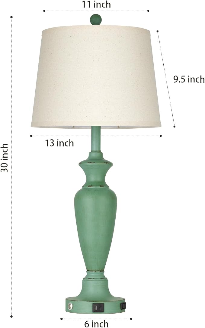 Cinyirong 30" Tall Metal Table Lamps Set of 2, Touch Control Bedside Lamps for Bedroom Nightstand, 3-Way Dimmable Farmhouse Lamp for Living Room with Charging Ports, Retro Green (2 LED Bulbs Included)