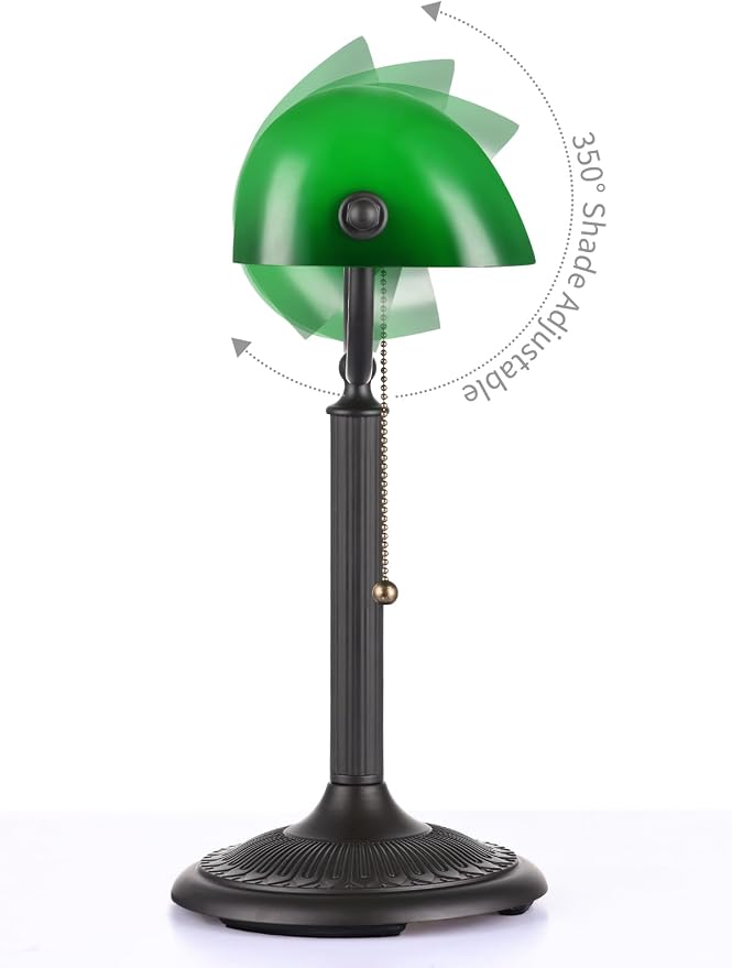 1-Minute Quick-Change Shade Antique Green Glass Bankers Desk Lamp for Study, Office, Library,LED Bulb Included