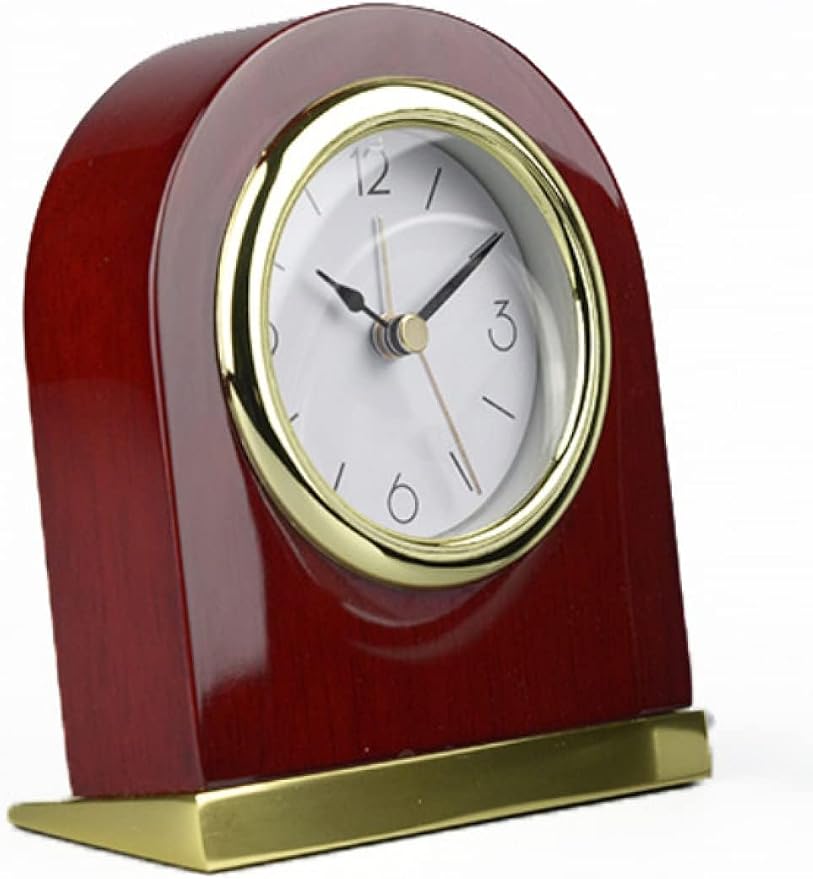 Table Clock Classic Desk Alarm Wood Desk Archway Small shelf clock with Silver Base. Retro Style small table clock, Modern Arched Shaped Clock,Low-Gloss Rosewood Hall Finish, Brass Finish Metal Bass.