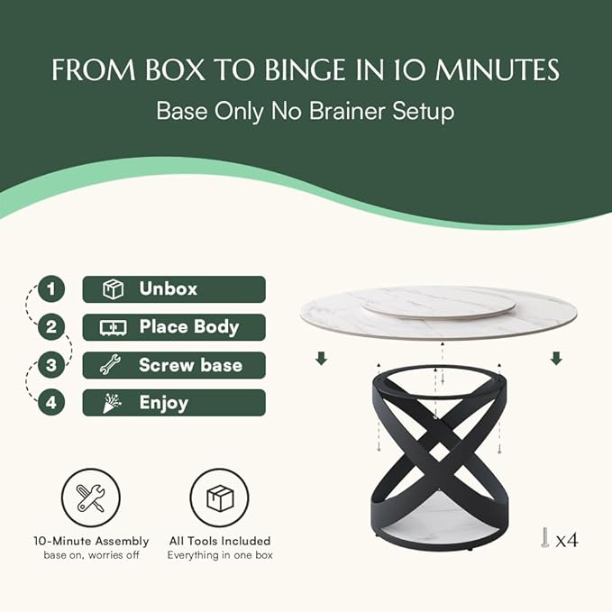 POVISON 51" Modern Dining Table, Glossy White Round Dining Table for 4 Built in Lazy Susan, Sintered Stone Dining Tabletop with Black X Carbon Steel Base (Table Only)